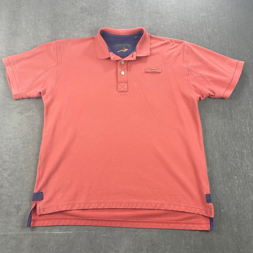 Orvis Mens Large Coral Pink Short Sleeve Polo Shirt Fishing Rod‎ Holder Tab